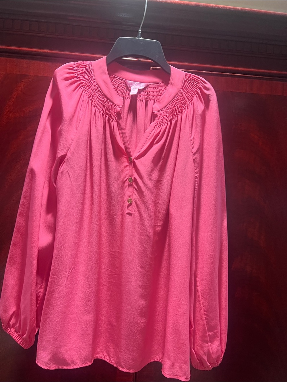 Lilly Pulitzer Hot Pink Smocked Yoke Long-Sleeve Blouse